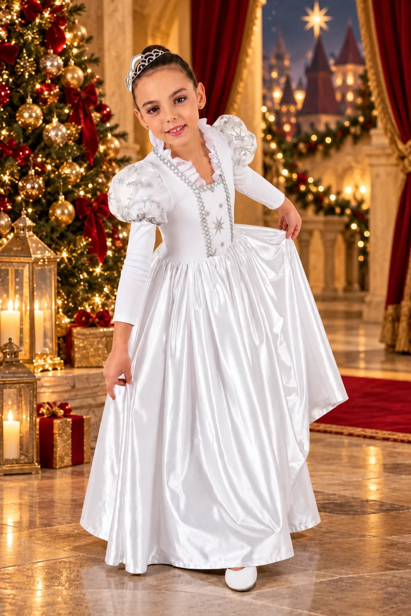 Disfraz infantil de Estrella de Navidad: vestido blanco con detalles plateados, en un castillo decorado para Navidad
