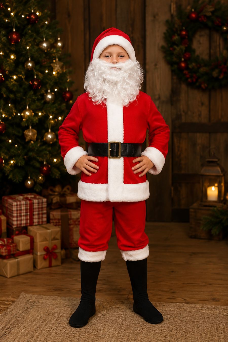 Disfraz infantil de Papá Noel con traje rojo, barba blanca y gorro