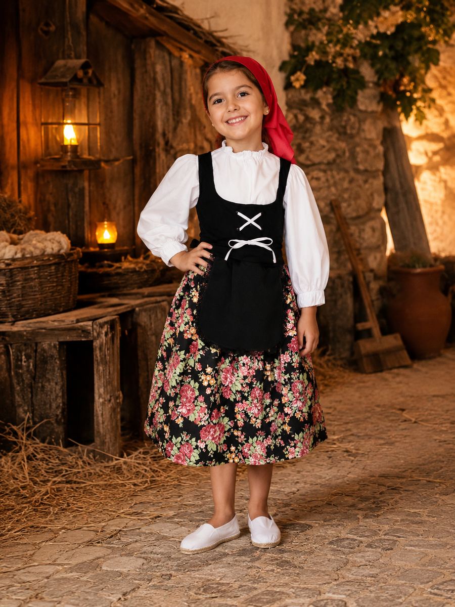 Disfraz infantil de pastorcilla con pañuelo rojo y falda de flores