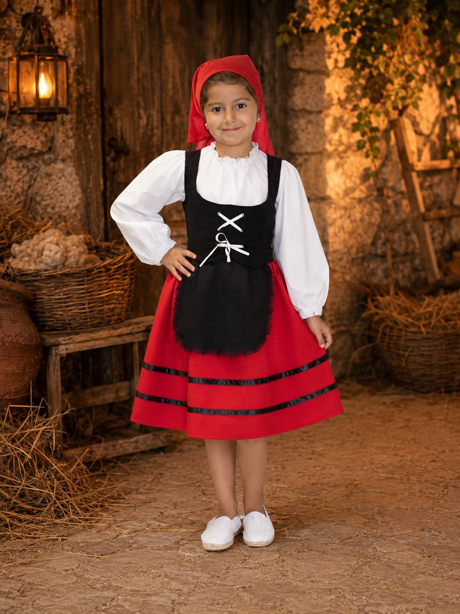Disfraz infantil de pastorcilla con falda roja y pañuelo rojo