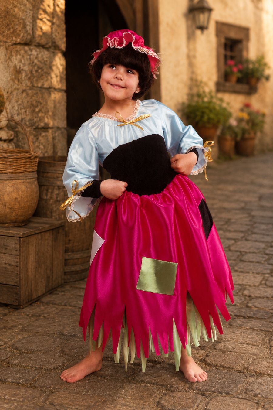Disfraz infantil de Cenicienta con falda rosa harapienta y pañuelo