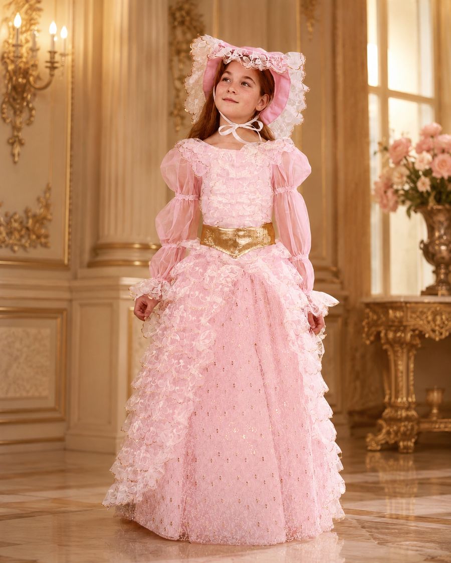 Disfraz infantil de emperatriz con vestido rosa de gala y capota