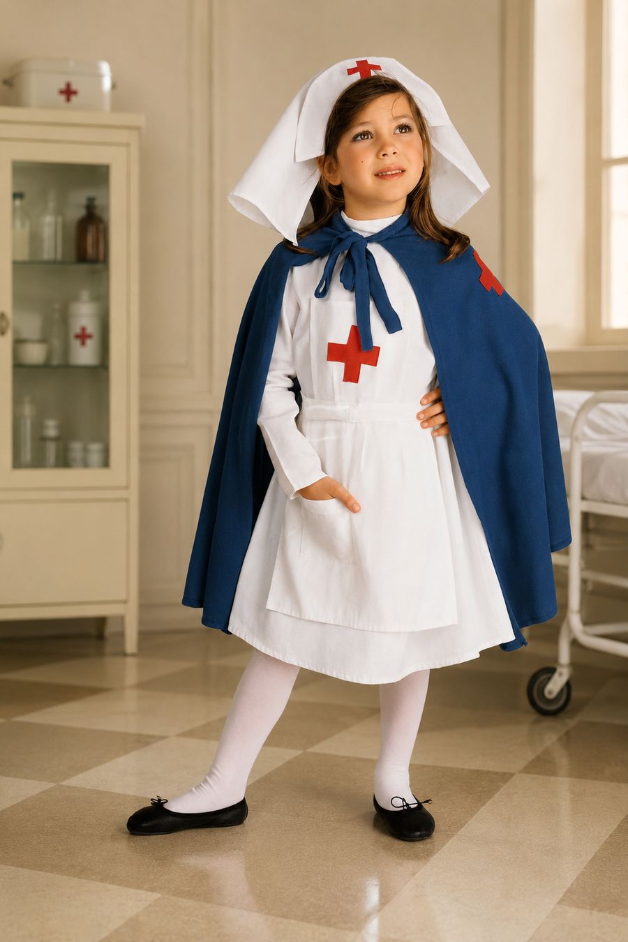 Disfraz infantil de enfermera con capa azul y cruz roja