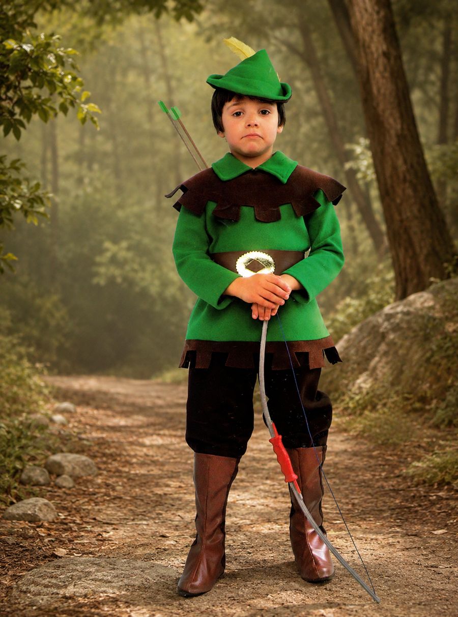 Disfraz infantil de Robin Hood verde y marrón con arco
