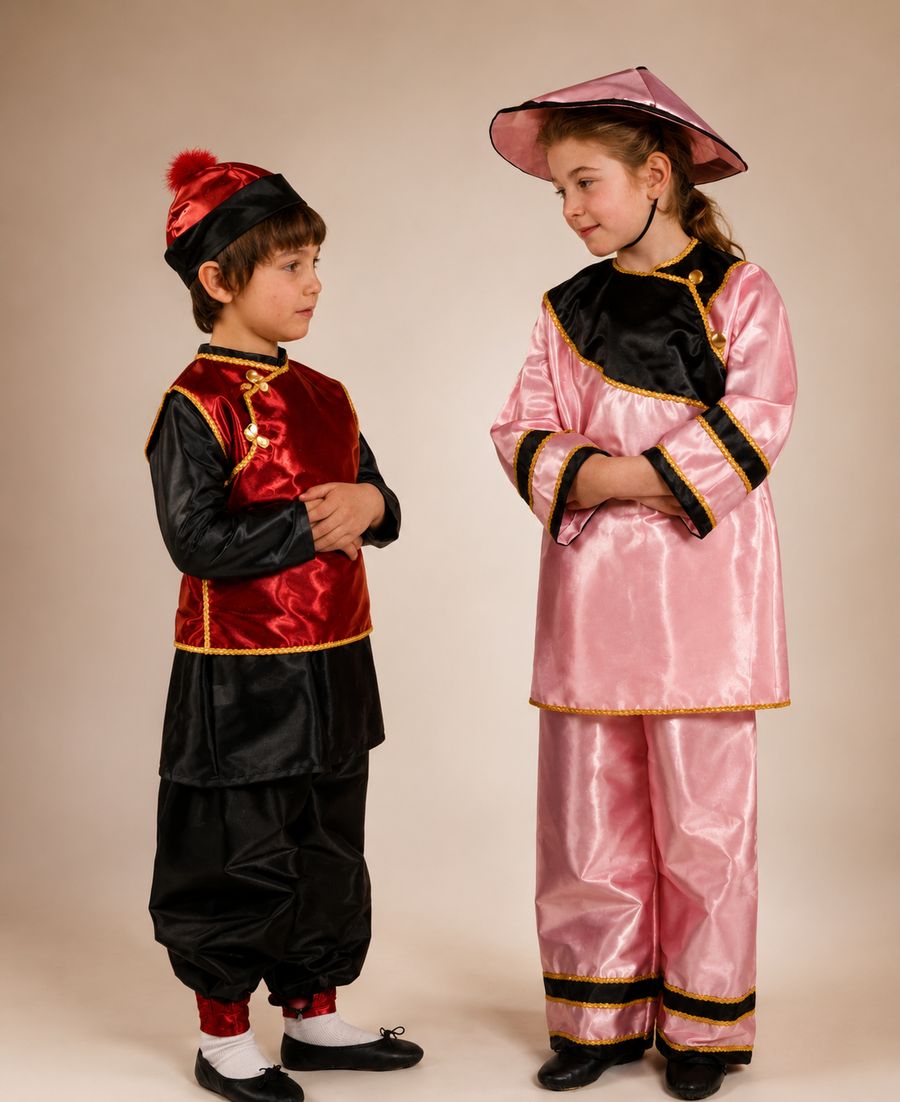 Disfraces infantiles chinos en rojo y rosa para niño y niña