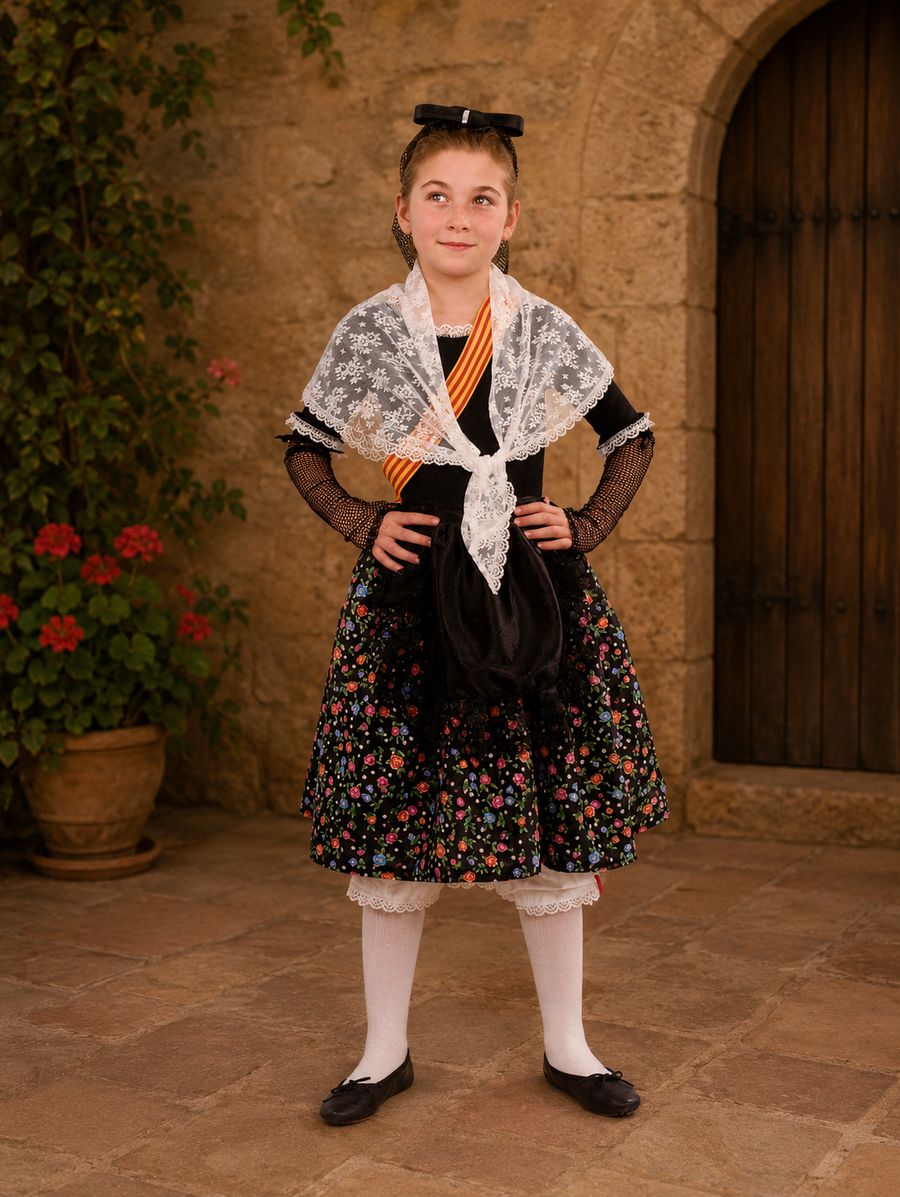 Disfraz infantil de Catalana con falda floral y mantilla