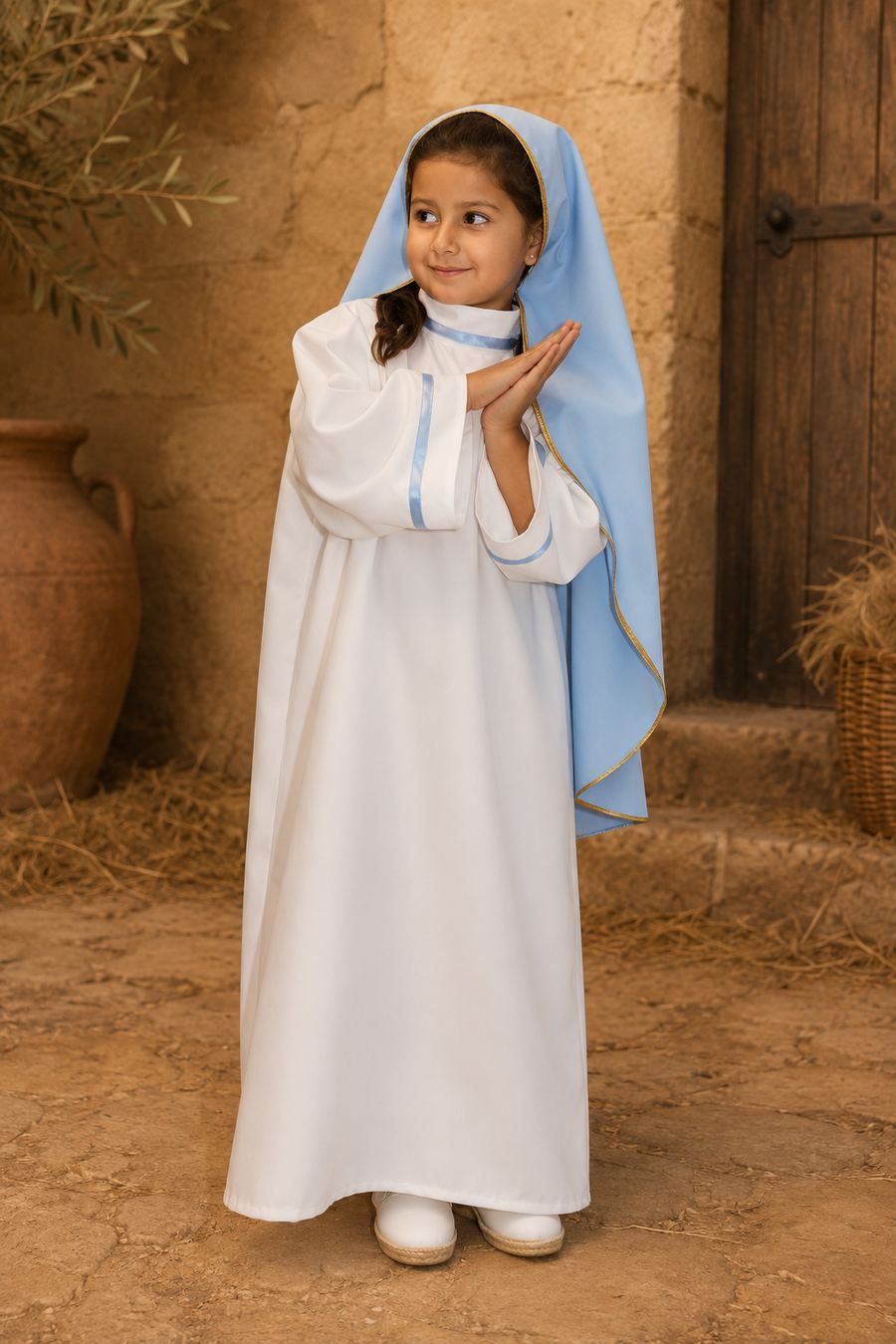 Disfraz infantil de Virgen María con túnica blanca y velo azul